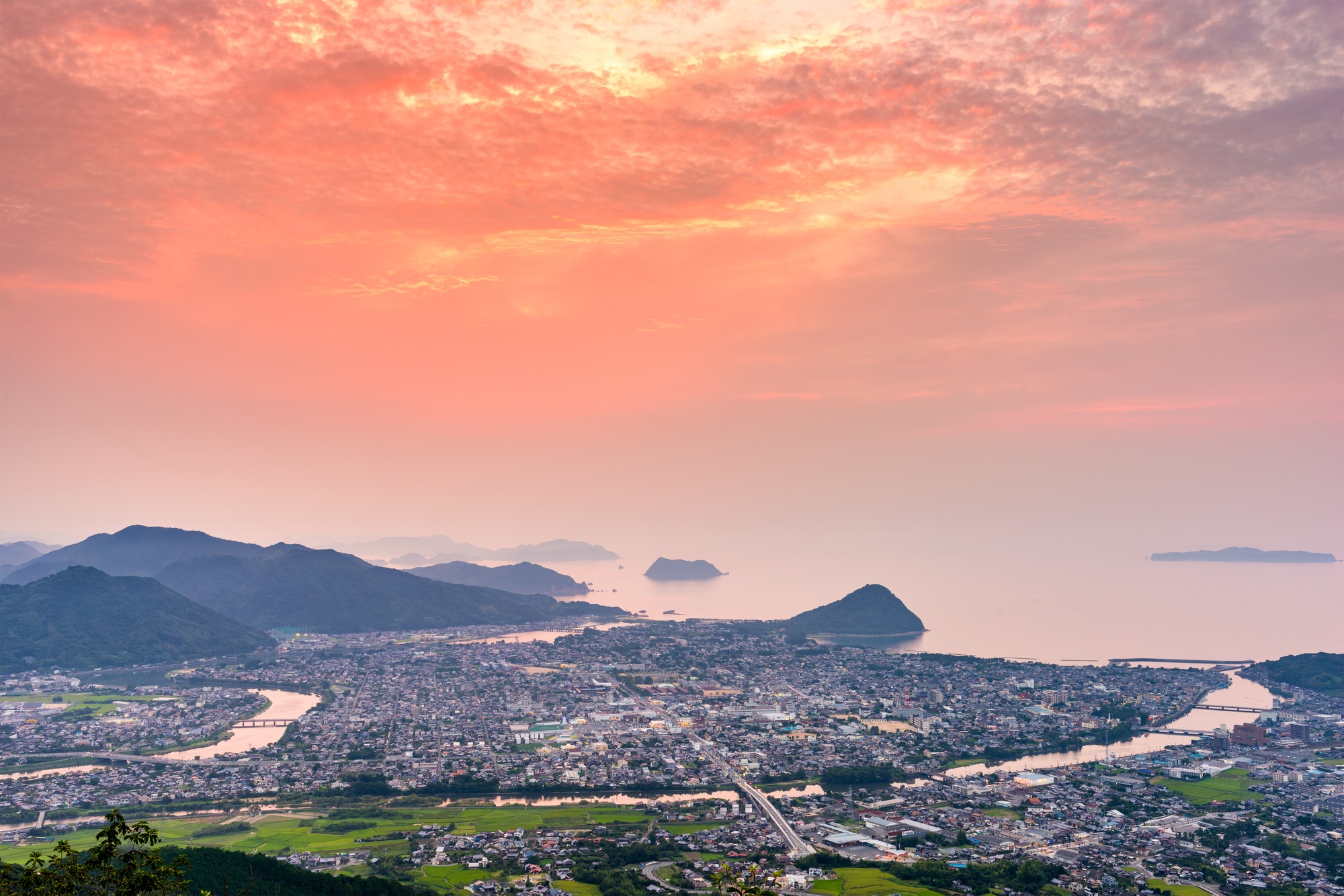 Hagi, Yamaguchi, Japan town skyline at dusk on the Sea of Japan.
